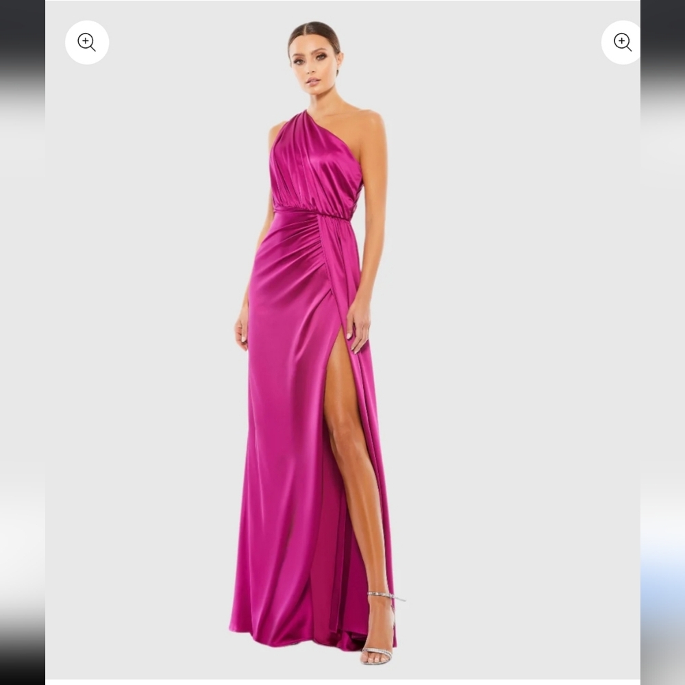 Mac DUGGAL Elegant Pink One-Shoulder Satin Faux Wrap Evening Gown